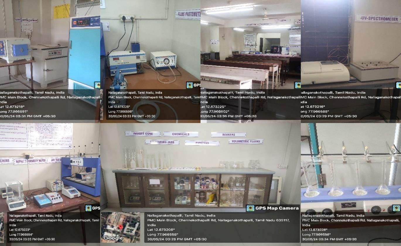 Environmental Engineering Laboratory: a collage of the instruments, glassware cabinet and benches, including a flame photometer, a UV spectrometer and a jar test apparatus.