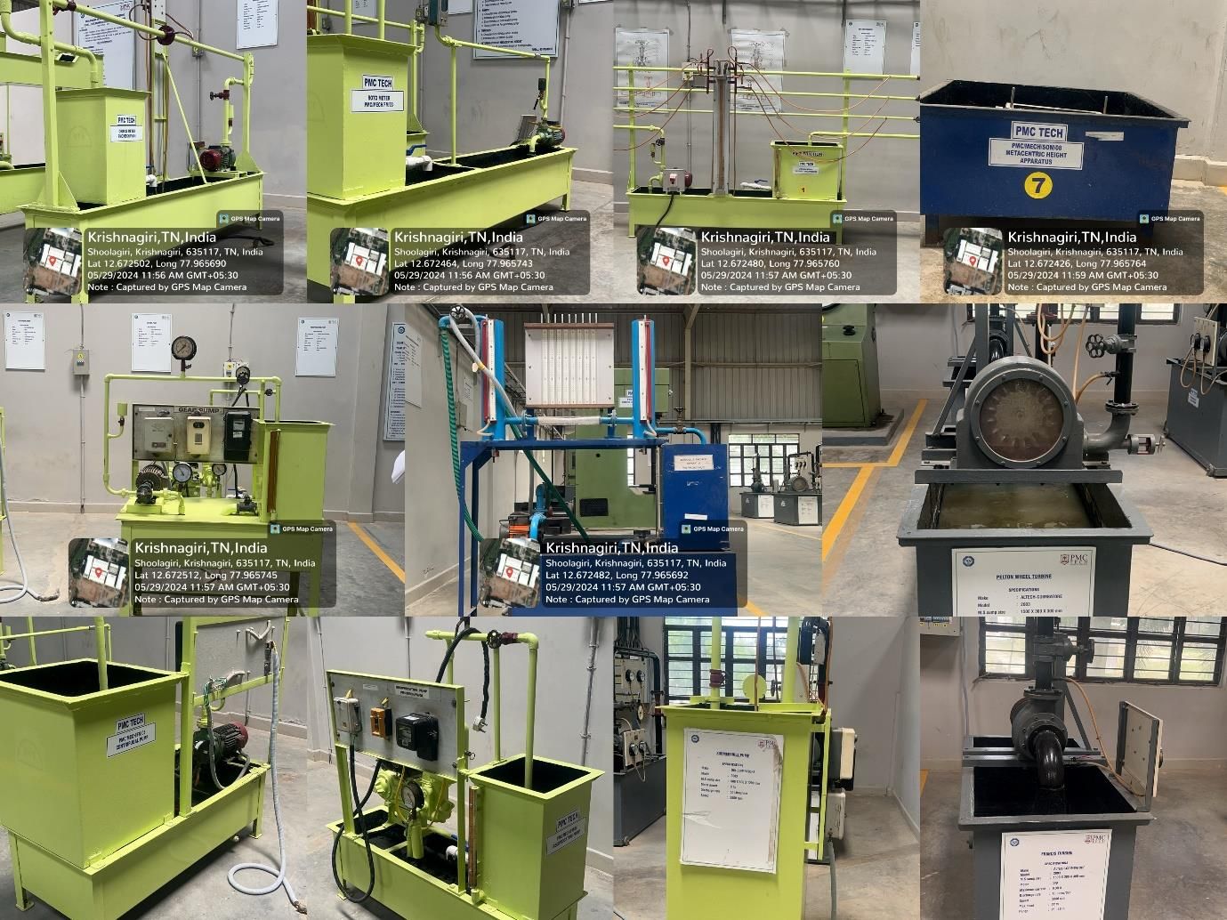 Fluid Mechanics and Machinery Laboratory: a collage of the test rigs, including green-framed flow benches with pumps, a blue metacentric height apparatus tank, and a Pelton wheel turbine unit.