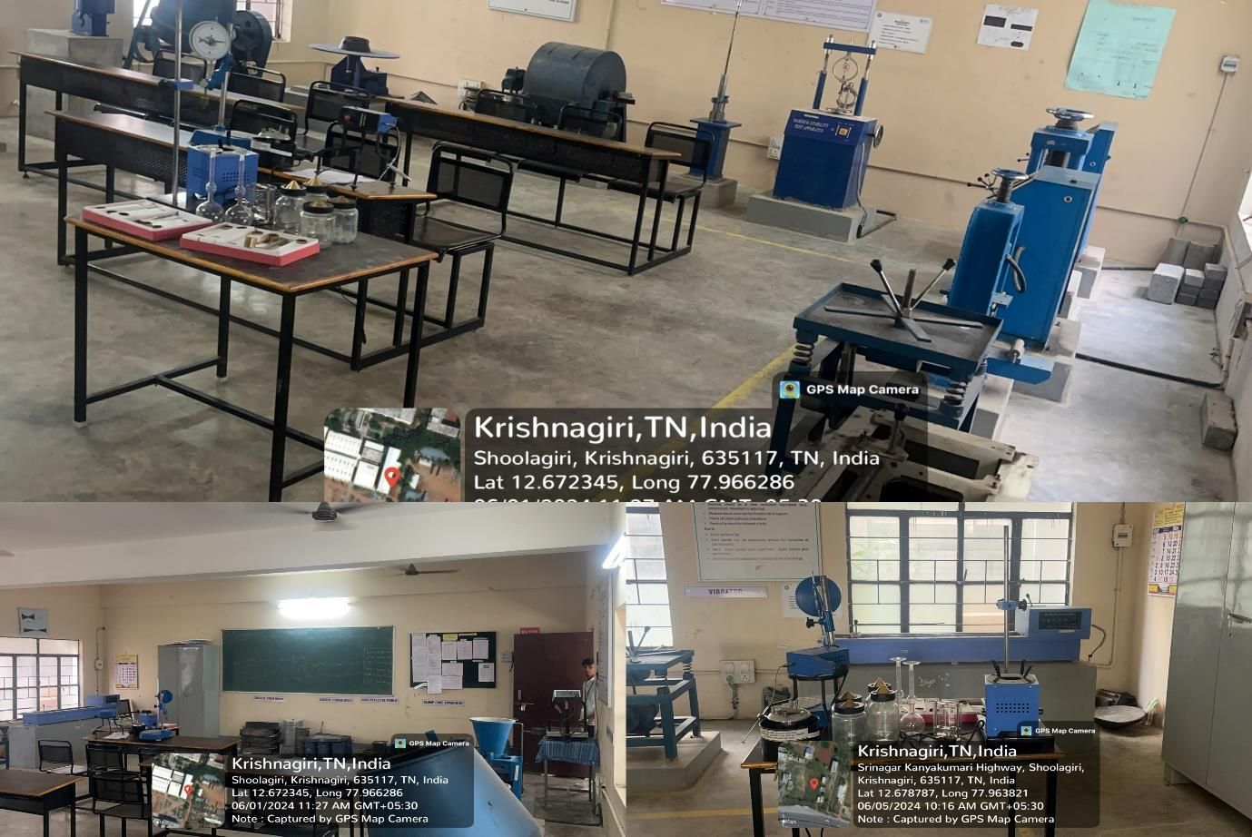 Highway Engineering Laboratory: testing machines and benches of apparatus across the laboratory floor, with two closer views of the room.