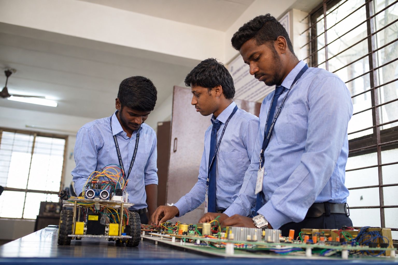 Three PMC Tech students in light blue shirts working on a robot car and circuit boards on a lab bench