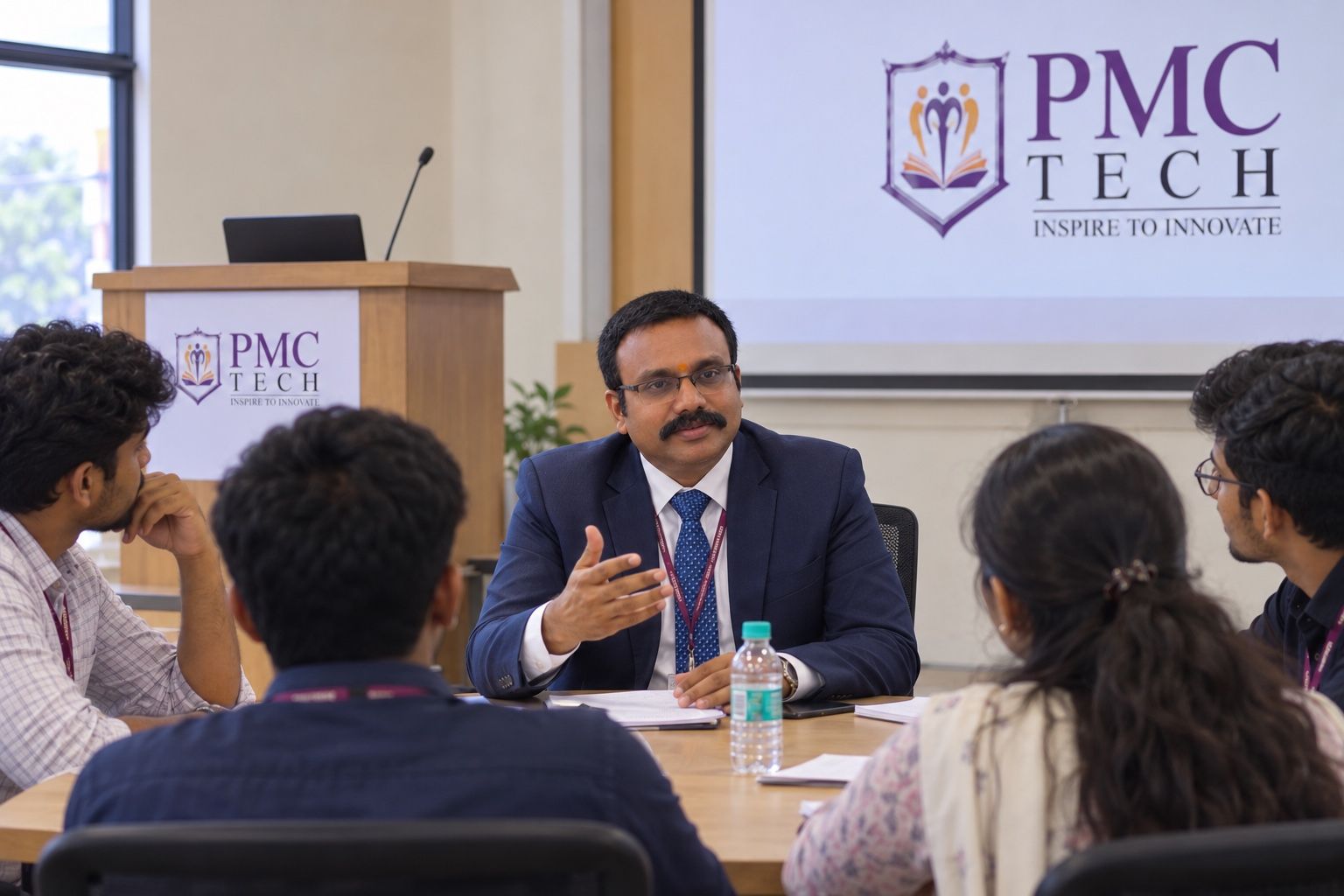 A PMC Tech placement session: a speaker leading a discussion with students around a table in front of the college screen