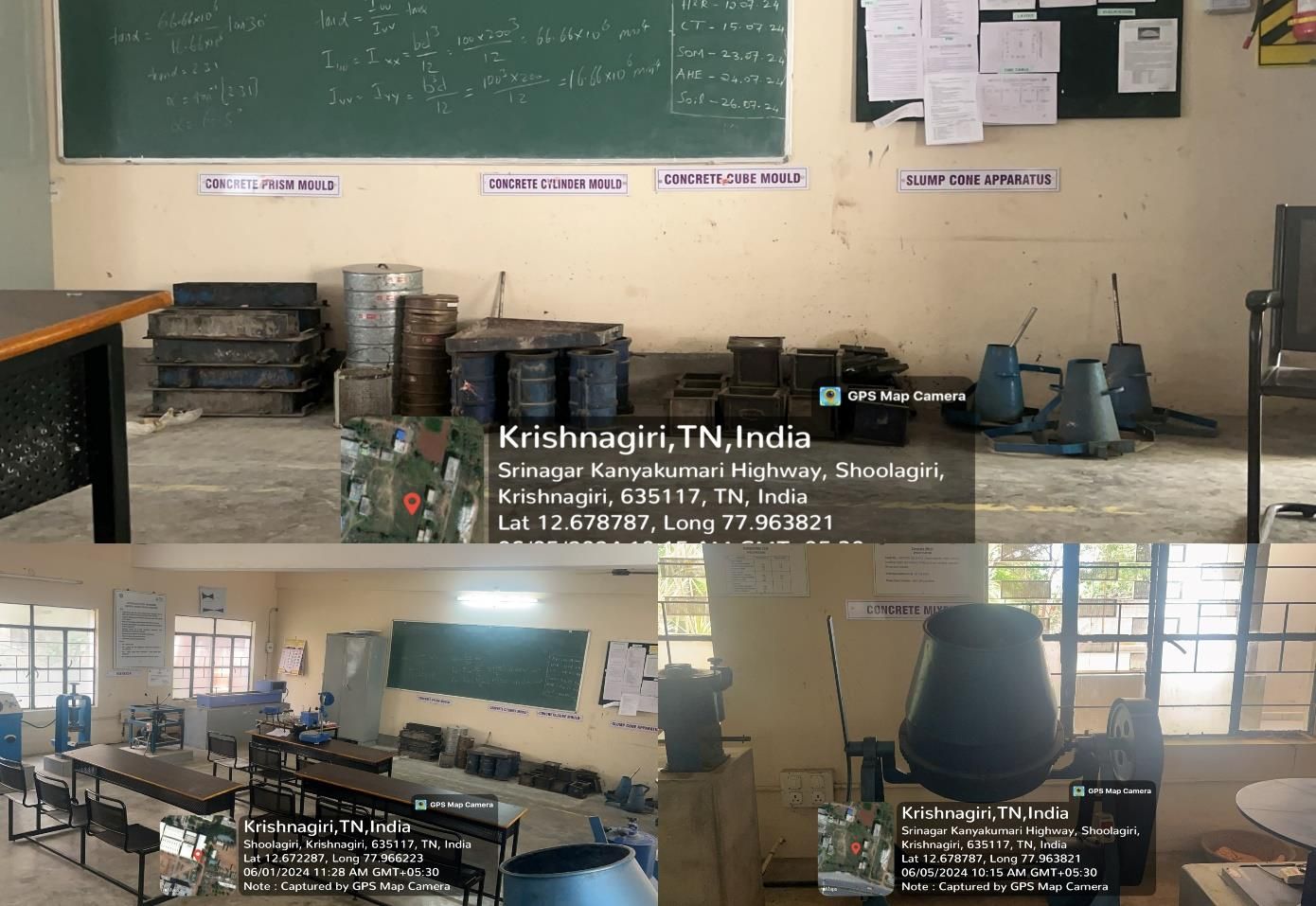 Material Testing Laboratory: concrete moulds and slump cone apparatus under labelled boards, benches laid with test apparatus, and the laboratory room.