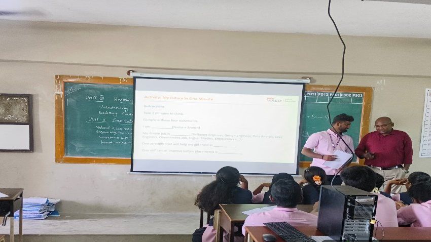 Two men stand beside a projected slide headed Activity: My Future in One Minute in a classroom, with students in pink shirts seated at desks in front of them.