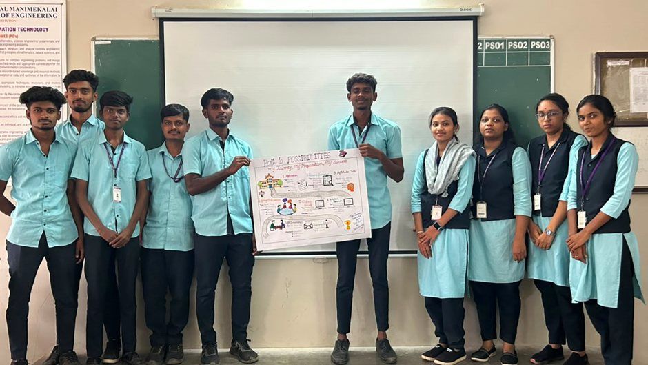 A row of students in pale blue uniform shirts and navy waistcoats stands in front of a projection screen holding a hand-drawn poster.