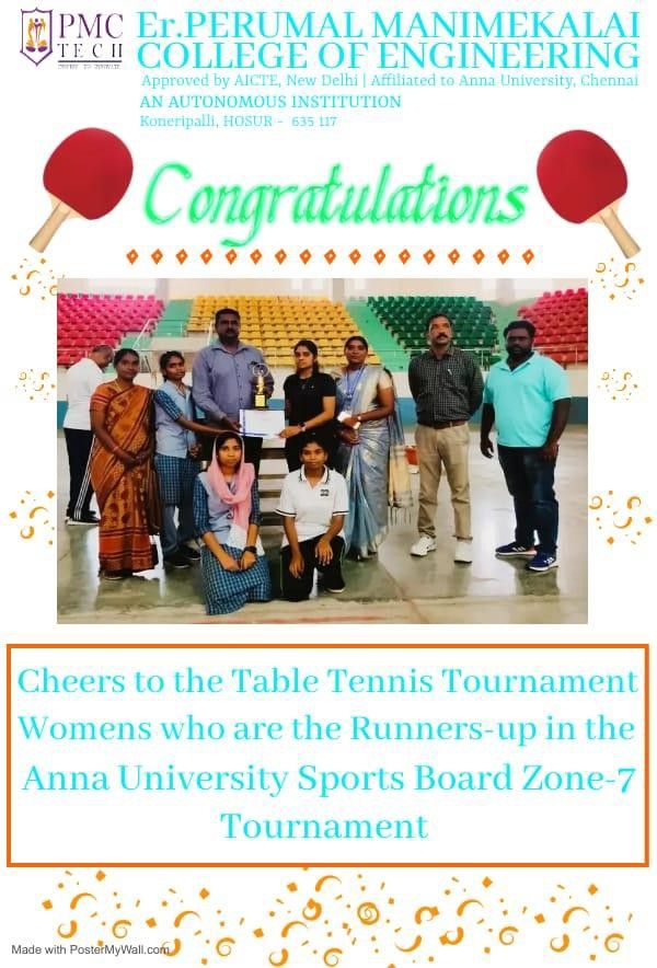 The college’s congratulation poster: “Cheers to the Table Tennis Tournament women who are the runners-up in the Anna University Sports Board Zone-7 Tournament”, over a photograph of the team with its trophy