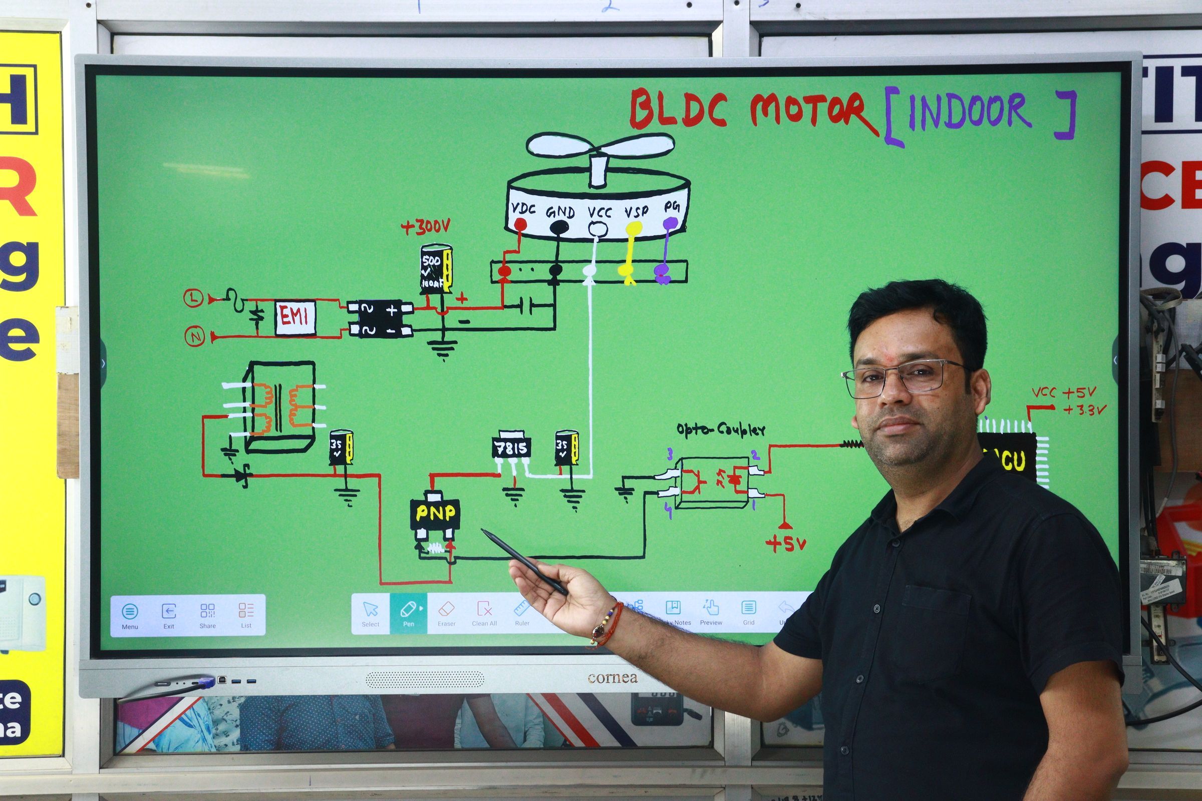 An instructor explaining a BLDC motor circuit on an interactive smart board