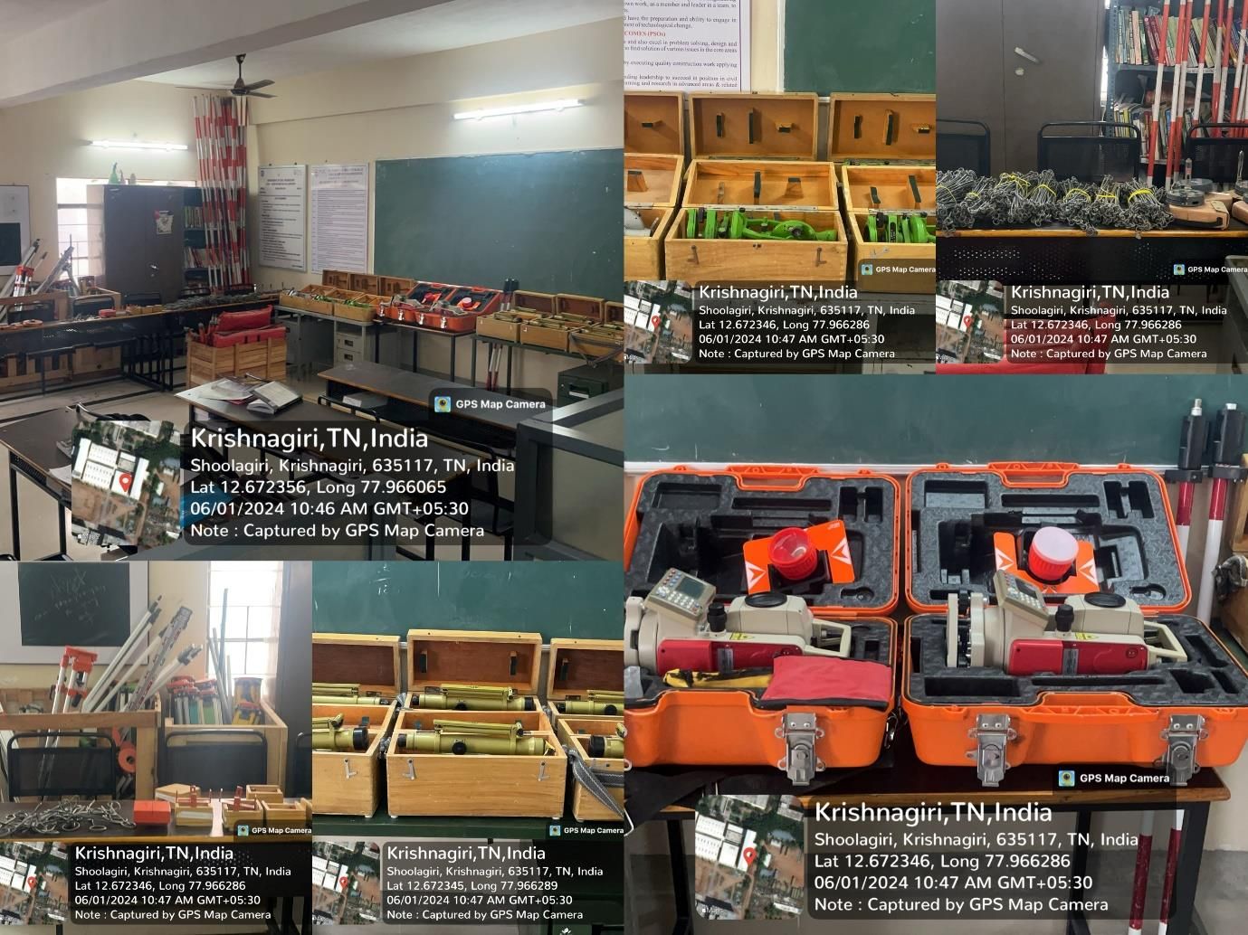Surveying Laboratory: a collage of the laboratory room and its instruments, including levelling kits in wooden boxes and total stations in orange cases.