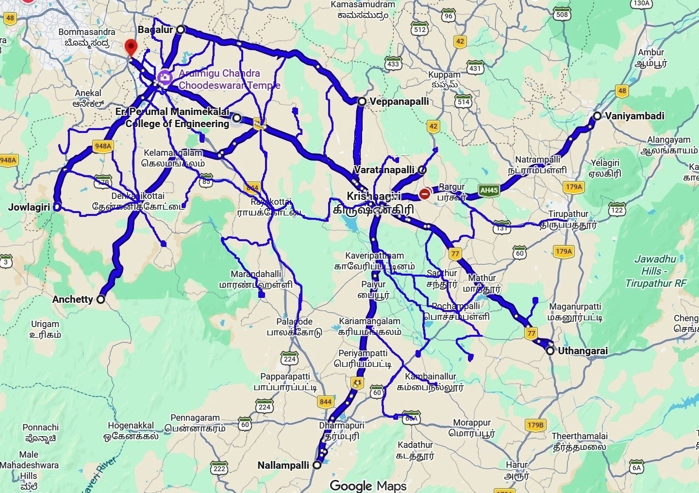 A map of the region around the PMC Tech campus, with roads picked out in blue
