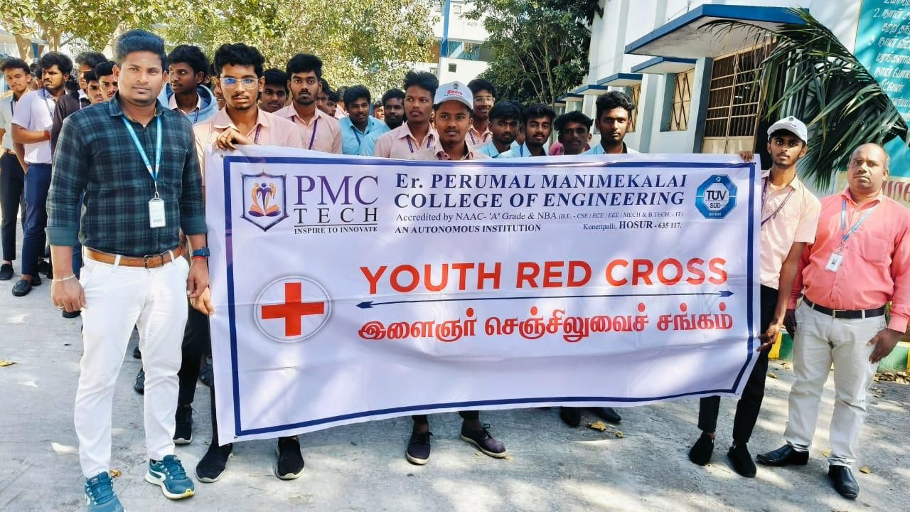 Youth Red Cross volunteers and staff holding the Youth Red Cross banner of PMC Tech